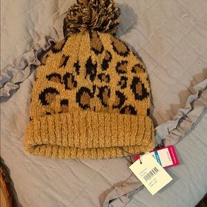 Vince Camuto Tan and Black Leopard Kids Beanie with Pom Pom